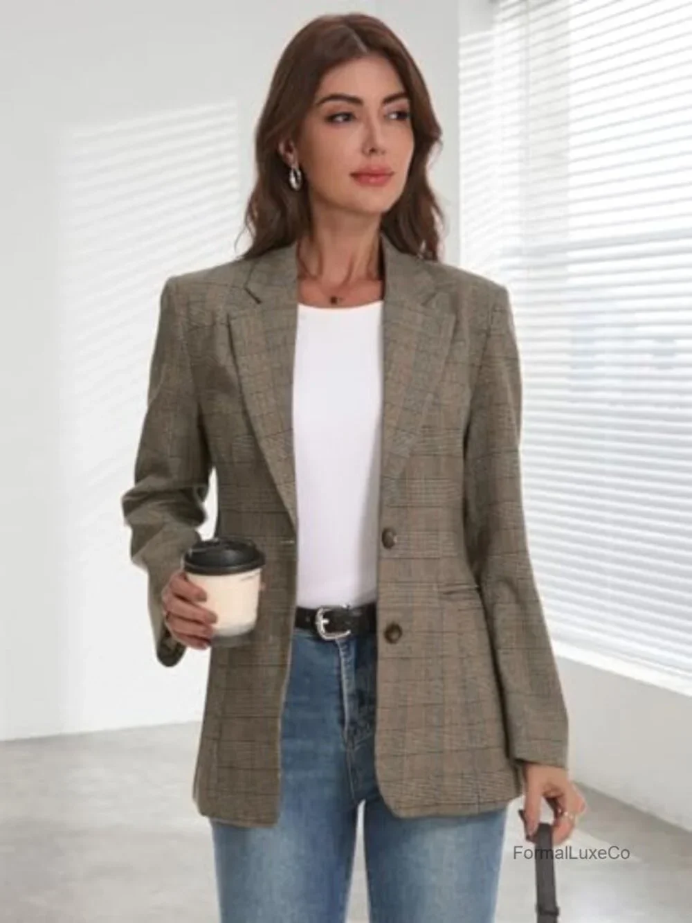Lightweight Notched Lapel Plaid Blazer with Pockets for Work & Casual